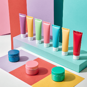 Colorful cosmetic tubes and jars on pastel background