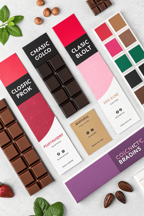 Mockup of chocolate packaging with color swatches and names