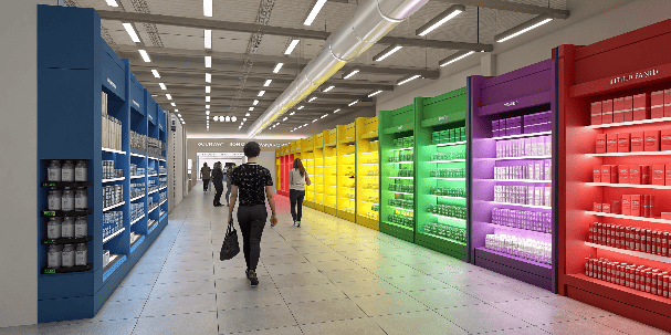 Color-coded cosmetic store aisle with rainbow shelving