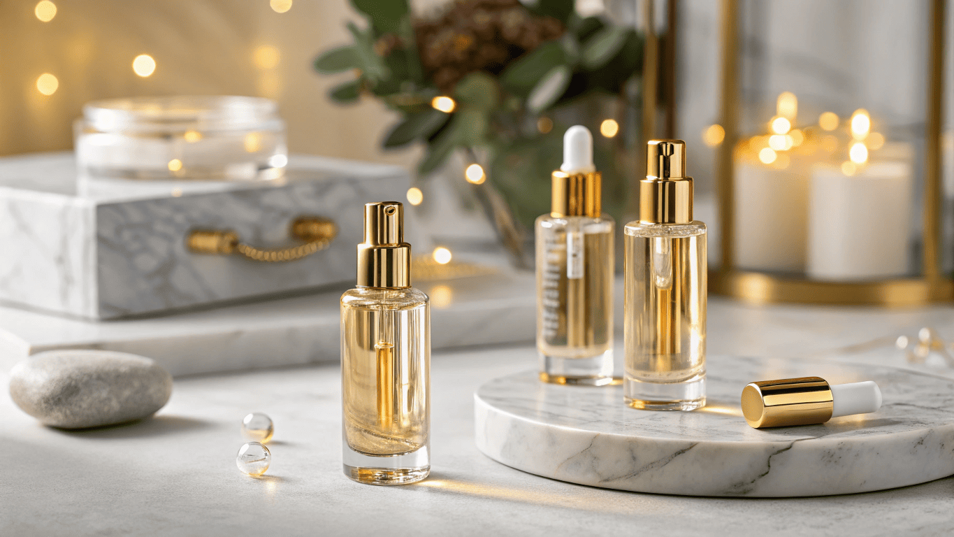 Different cosmetic packaging options displayed for skincare products