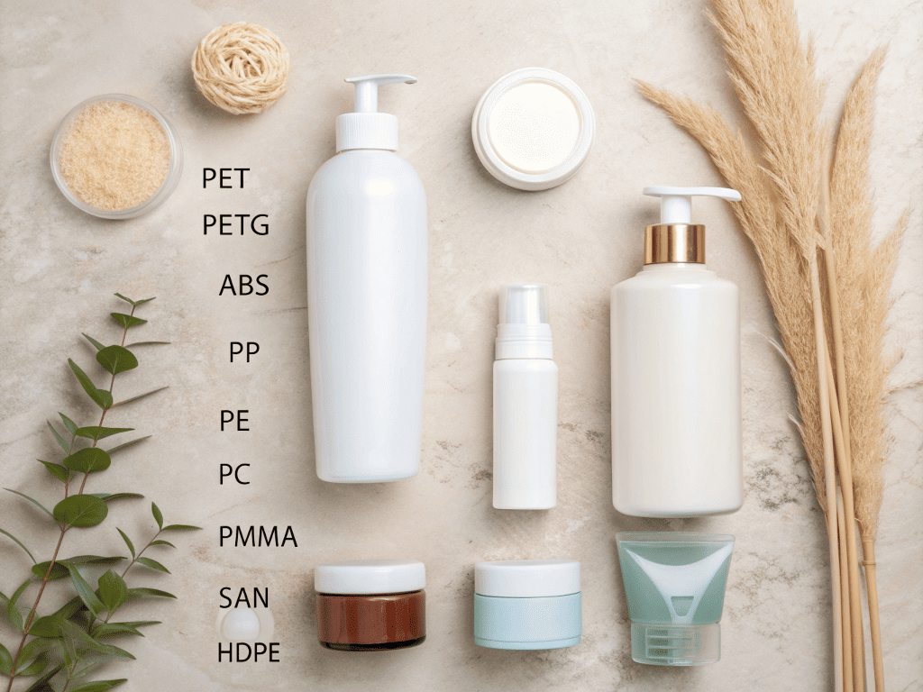 Cosmetic packaging materials PET to HDPE on marble background