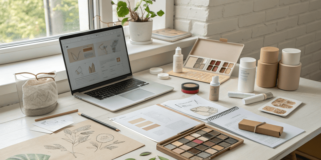 Packaging design studio workspace with eco-friendly samples