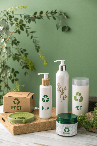 Eco-friendly cosmetic packaging with RPET, PLA, and PET bottles