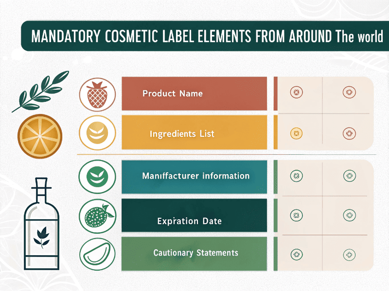 Infographic of mandatory cosmetic label elements worldwide