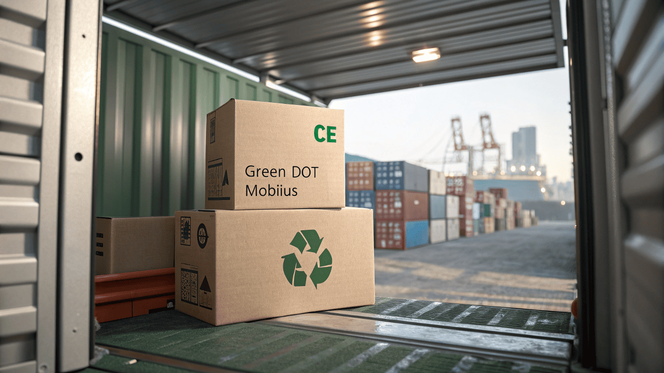 an image of a shipping container being loaded at a port, with a close-up on a box that has multiple international compliance symbols clearly visible on it