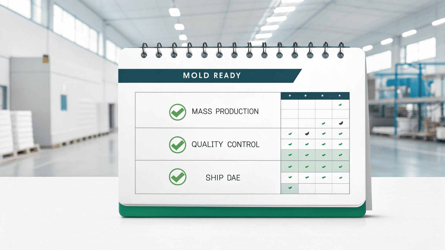 A production calendar showing key packaging stages from mold ready to shipping with completed checkmarks