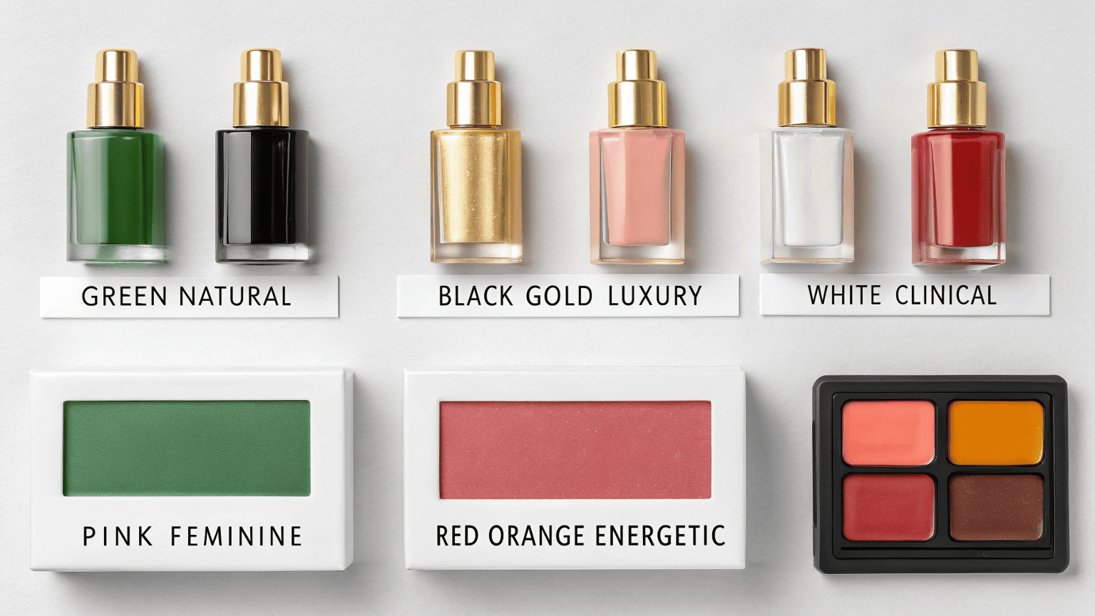 Mood board with cosmetic packaging colors and products