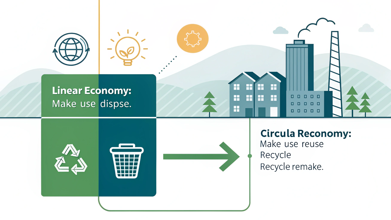 A simple infographic comparing a straight linear economy arrow with a circular economy loop for beauty packaging