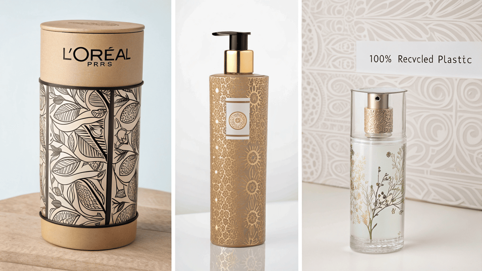 A collage showing L’Oréal’s eco-packaging: refill perfume station, cardboard cosmetic tubes, and a recycled plastic bottle