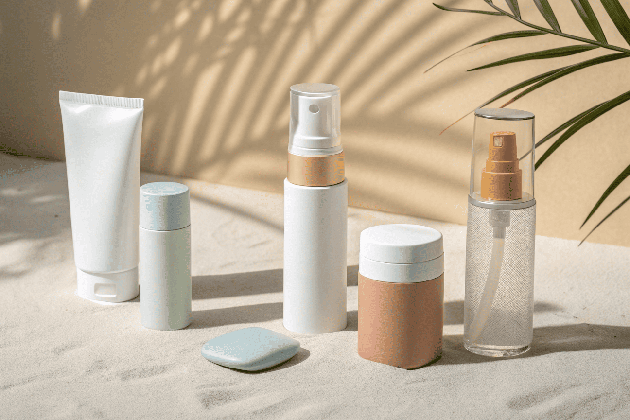 Custom shaped cosmetic bottles including card sprayer and sunscreen stick