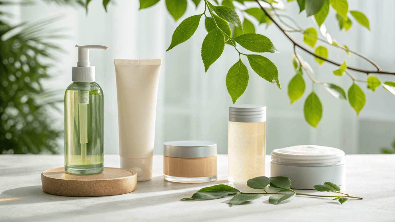 A group of eco-friendly cosmetic packaging options including a PCR plastic bottle, a refillable cream jar, and a recyclable mono-material tube