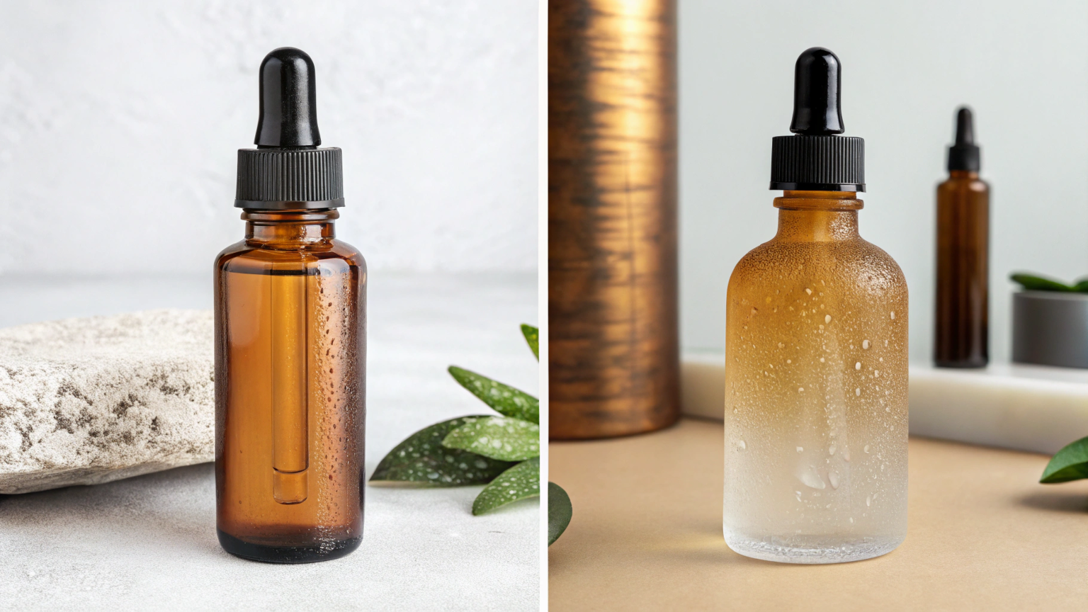 a side-by-side comparison of a generic cosmetic bottle and a custom-designed, uniquely shaped bottle for the same type of product