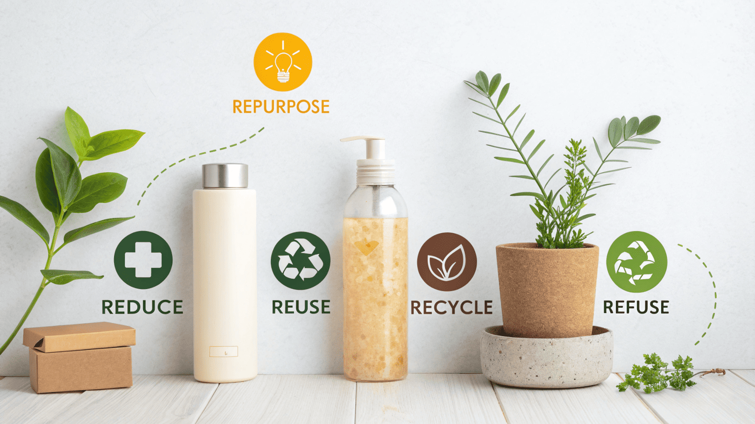Visual examples of sustainable principles: a lightweight bottle for reducing material, a refillable jar for reuse, a recyclable PET bottle, a product without outer packaging, and a jar repurposed as a planter