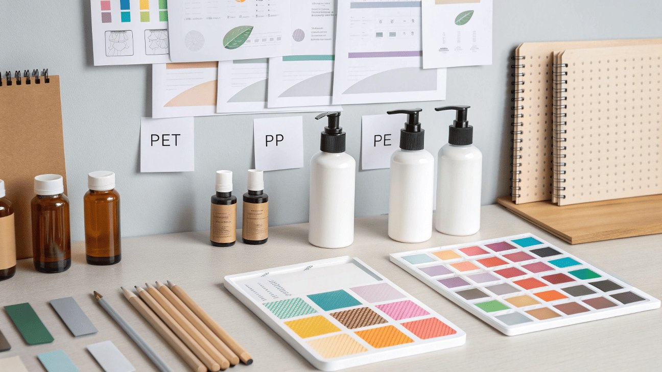 mood board with bottles, pumps, swatches