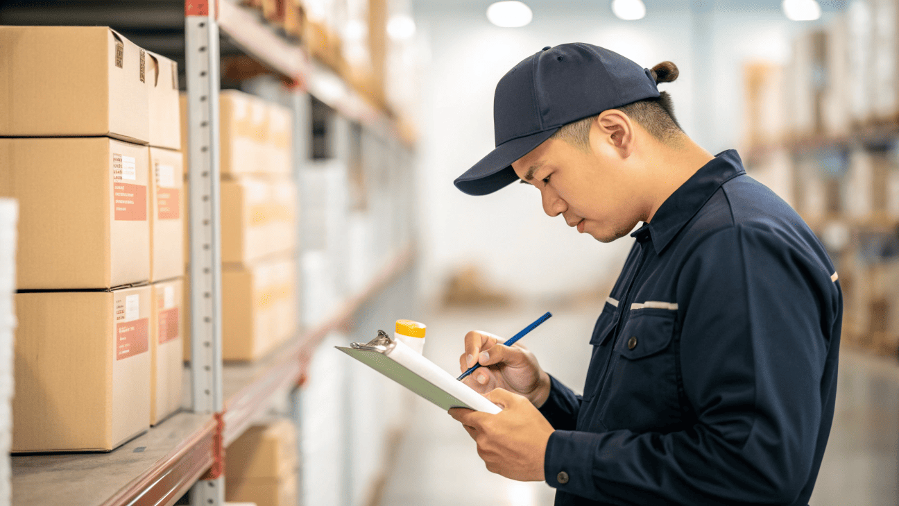 an image of a customs officer inspecting a cosmetic product's packaging label with a clipboard in hand