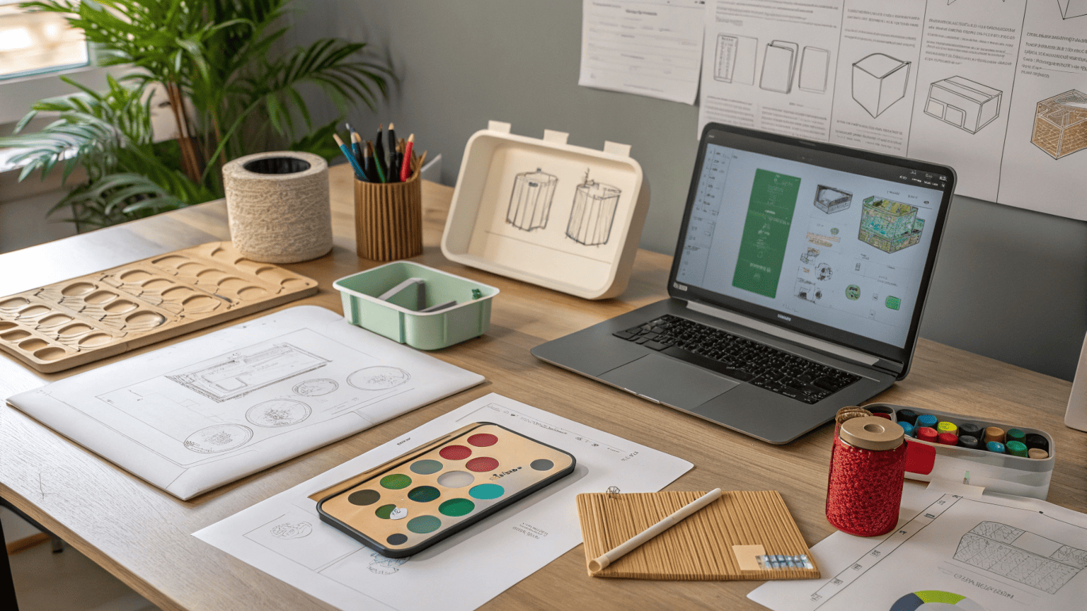 an image showing a designer's desk with swatches of different eco-friendly materials like rPET, PLA, and lightweighted PP