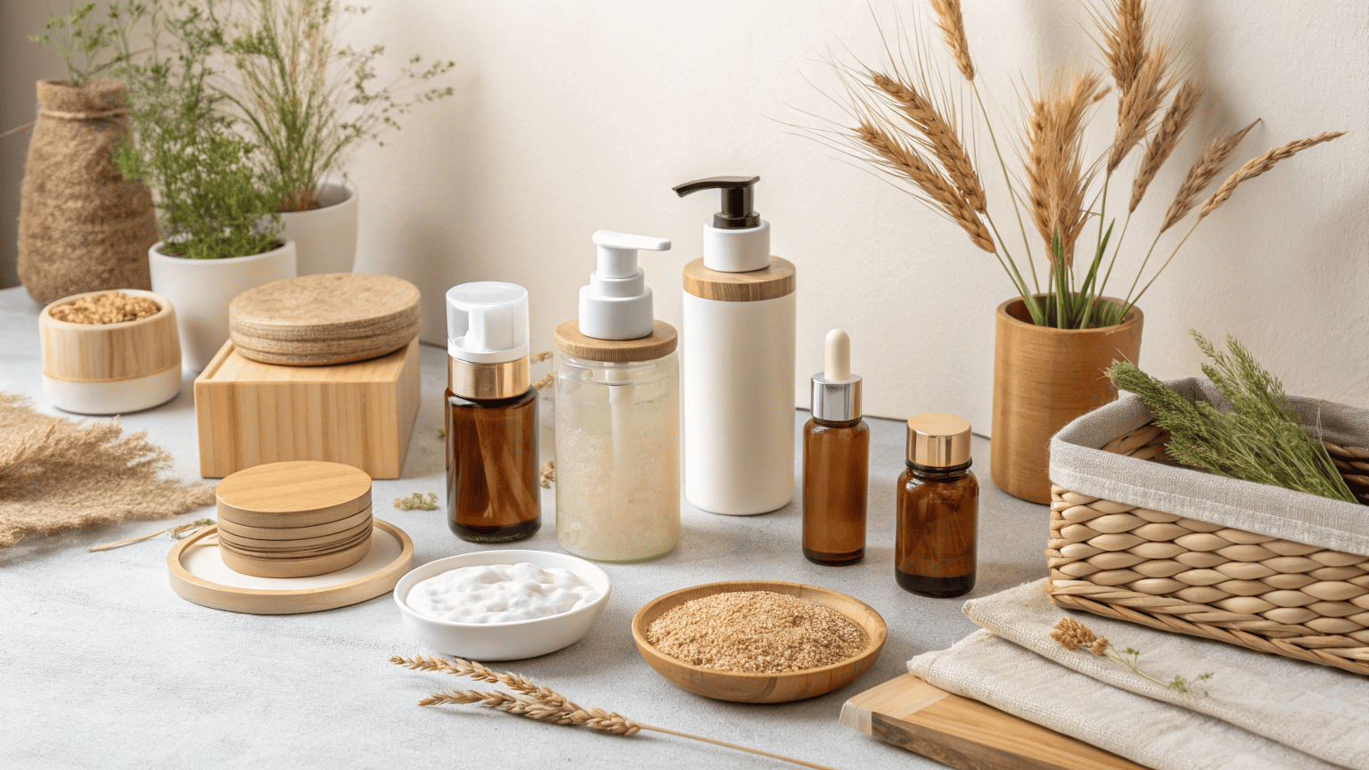 Various eco-friendly cosmetic packaging materials including PCR, PLA, and refillable options