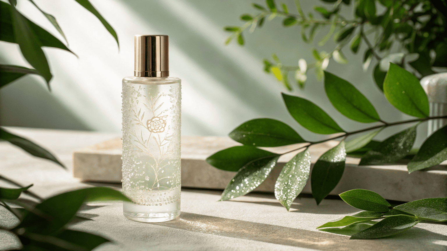 an image of a high-end cosmetic product in a sleek, recycled PET bottle, surrounded by green leaves