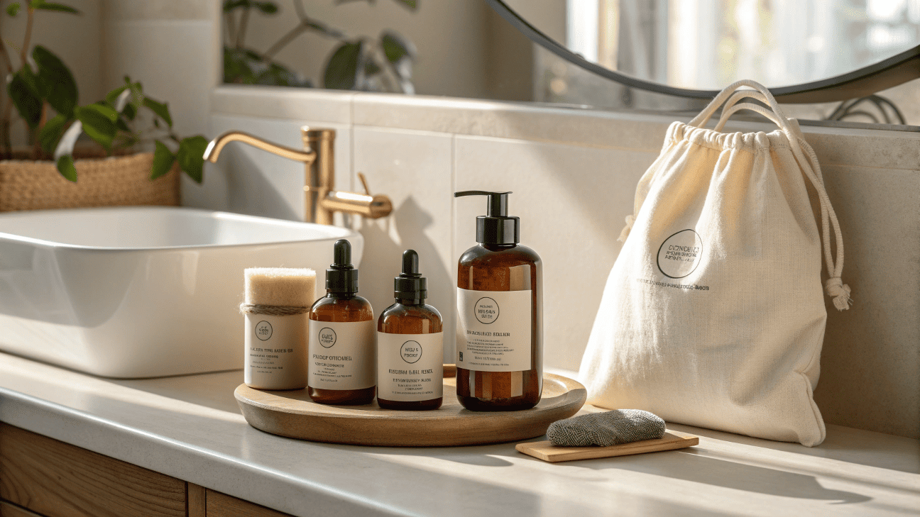 A bathroom counter with elegant refillable cosmetic bottles and jars, one being refilled from a soft pouch
