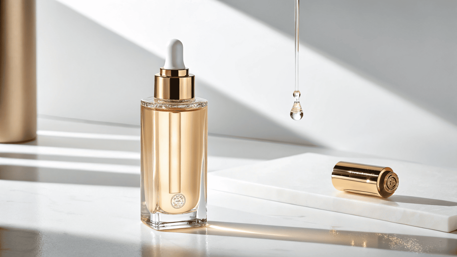 an image of a beautifully designed cosmetic bottle with a hand easily dispensing a perfect single drop of serum from it