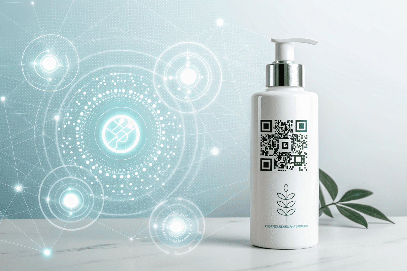 Minimalist cosmetic bottle with QR code for digital engagement