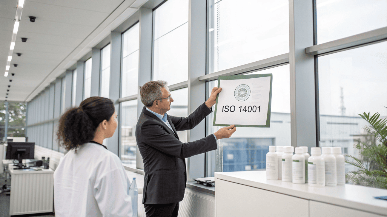 A factory manager showing a client a framed ISO 14001 certificate on the wall with modern, clean machinery in the background