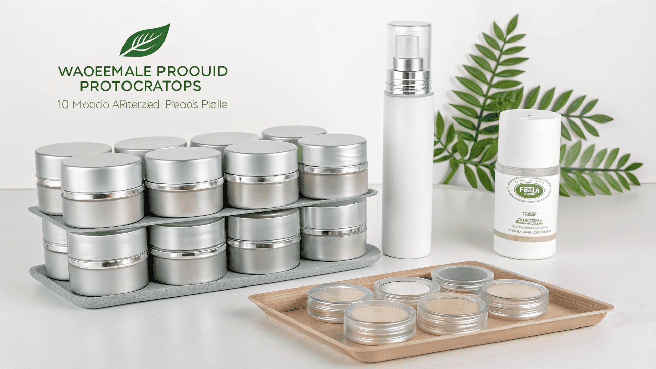 A display of wholesale eco-friendly containers including mono-material PP jars, airless refill cartridges, and aluminum tins