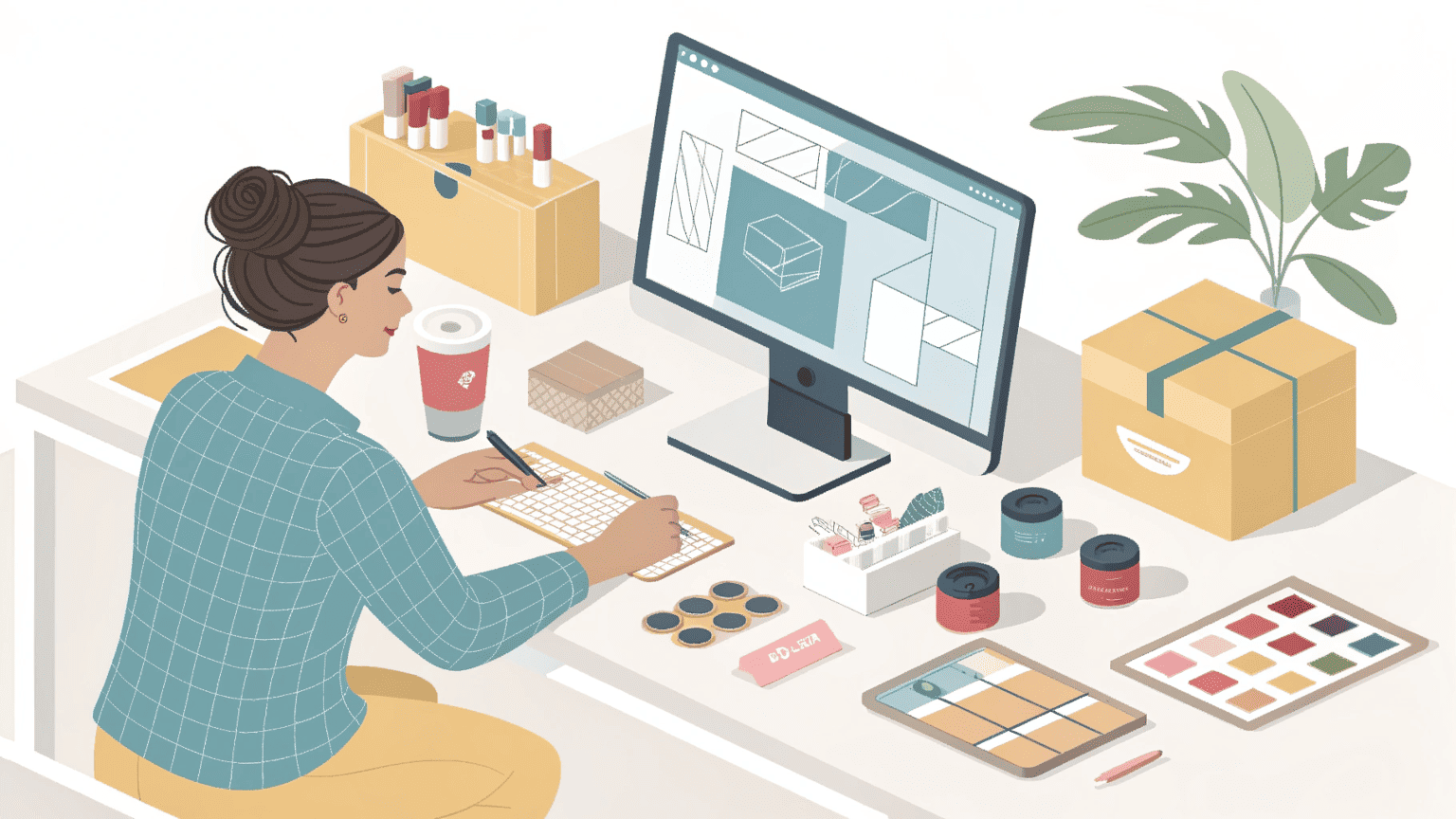 an image of a packaging designer at a desk, surrounded by material samples, 3D models on a computer, and production-line sketches