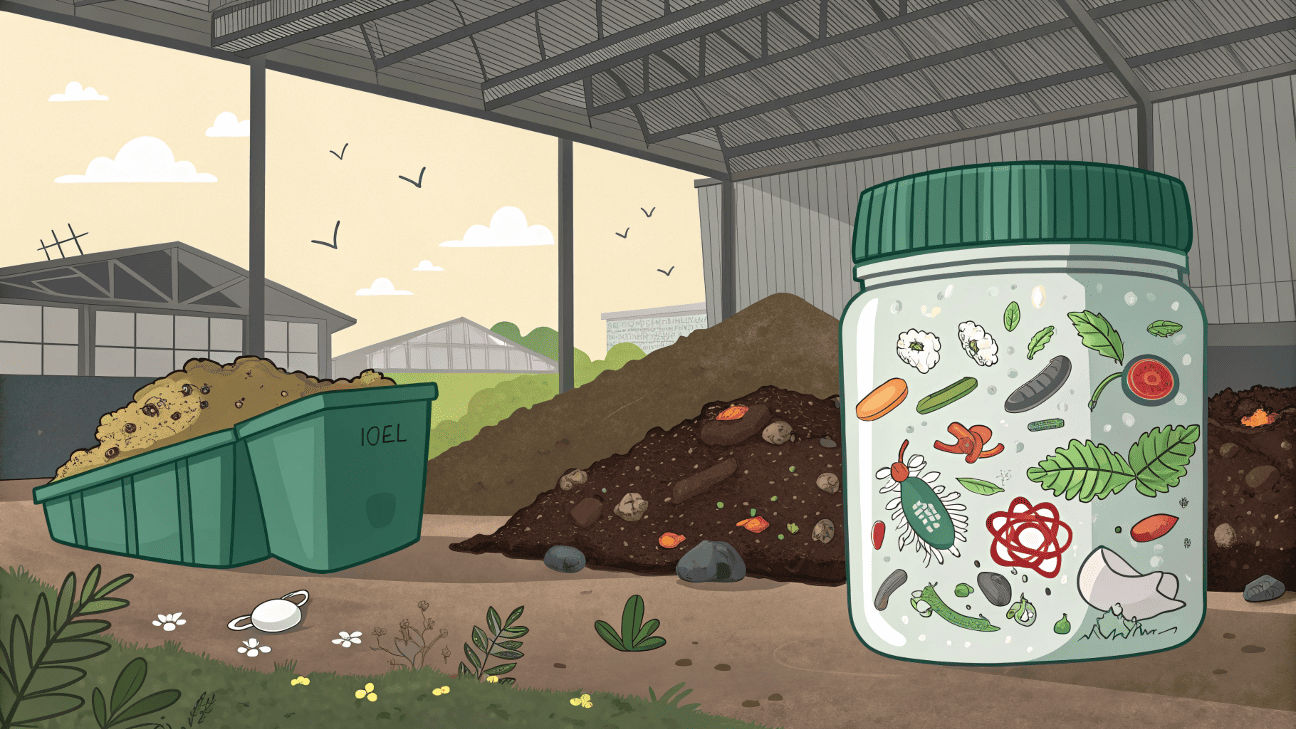 infographic showing a PLA bottle successfully breaking down in an industrial compost facility, but remaining intact in a landfill and a backyard bin