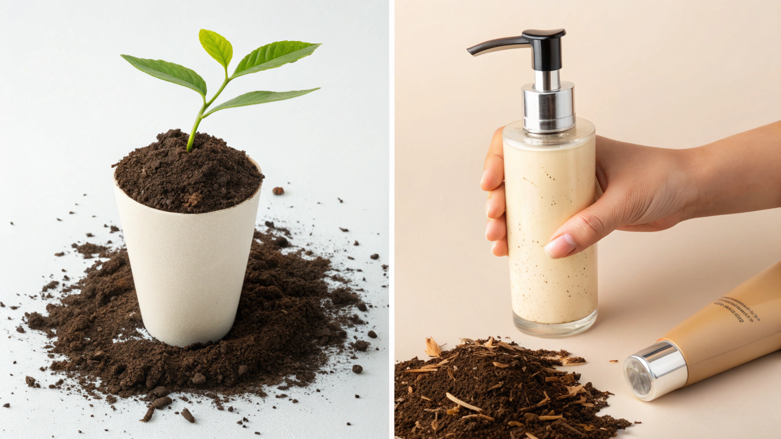 Compostable cosmetic packaging decomposing into soil alongside a glass dispenser with its pump being replaced