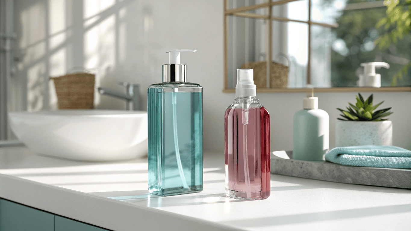 glass and plastic cosmetic bottles side by side