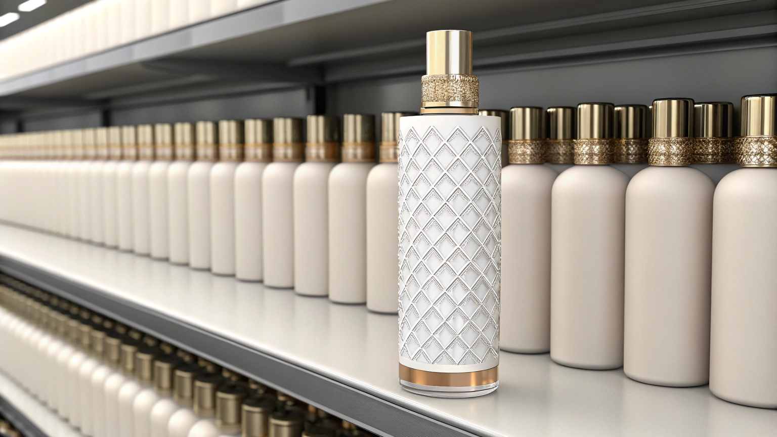 an image showing a single unique cosmetic bottle standing out on a shelf full of generic-looking products
