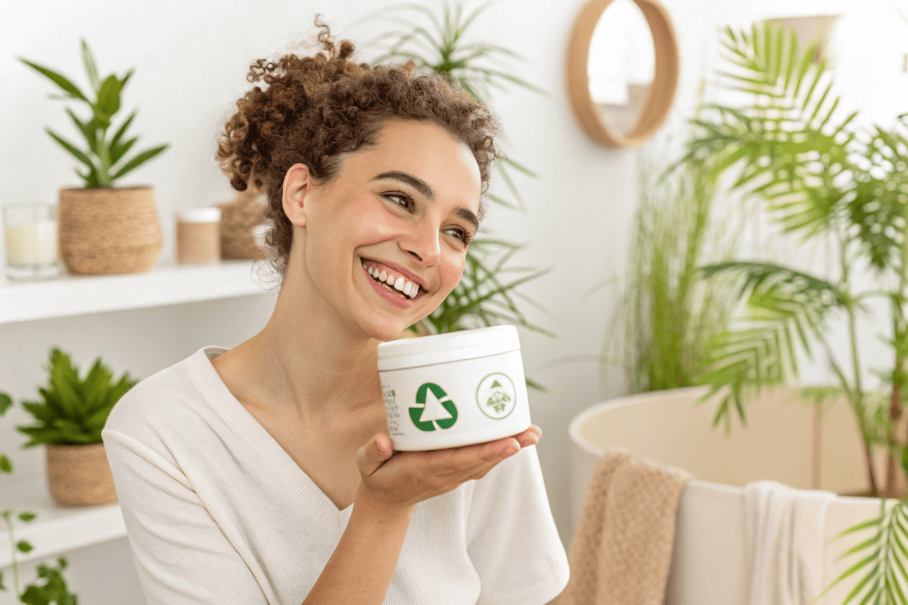 an image of a lush, green leaf morphing into a sustainable cosmetic bottle