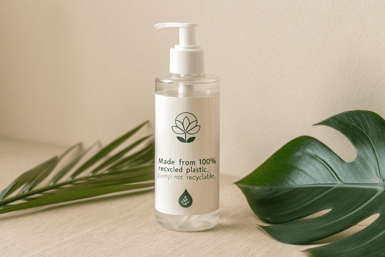 consumer holding cosmetic product with recycled packaging message