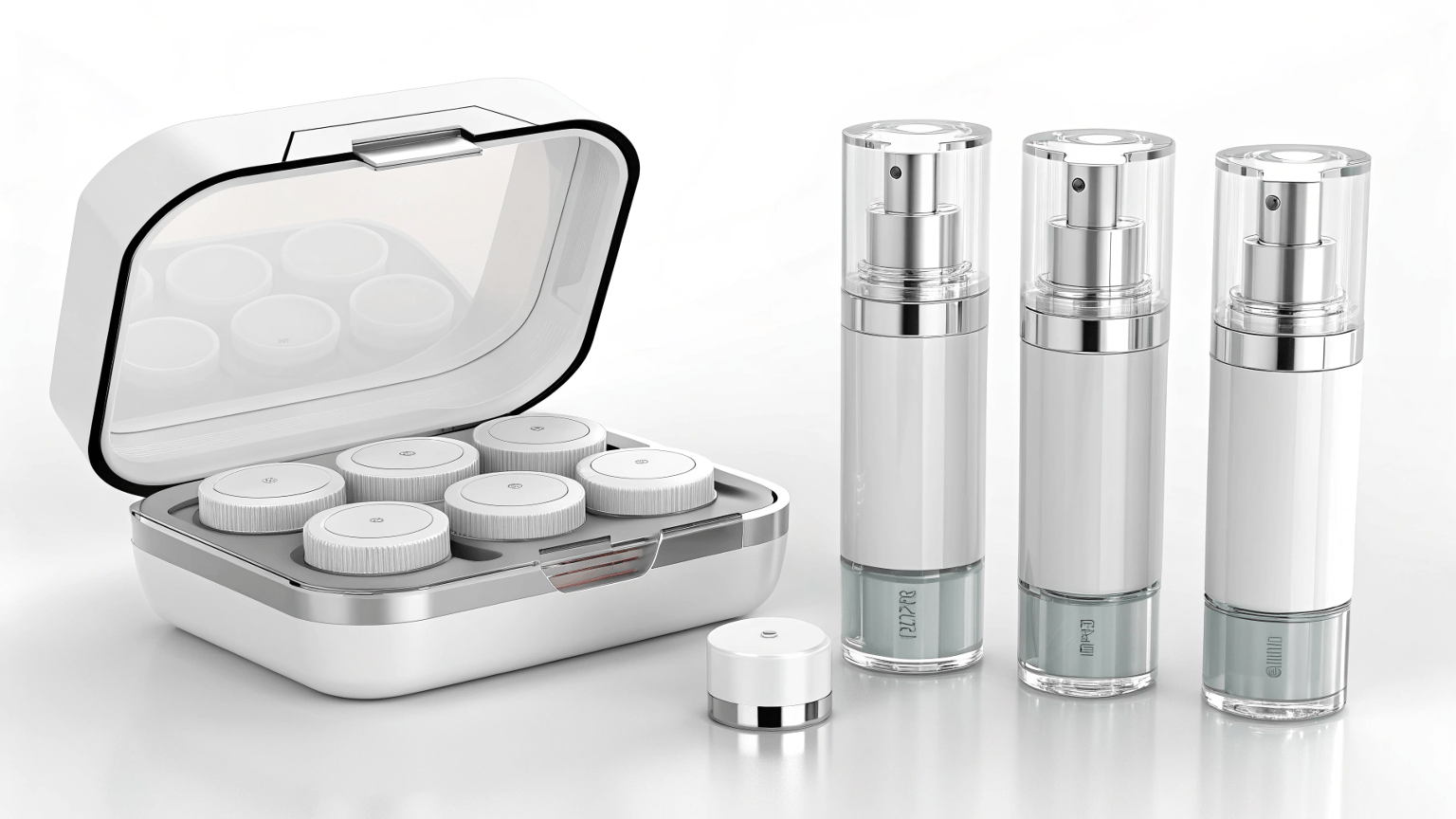 futuristic refillable cosmetic bottle in sleek holder
