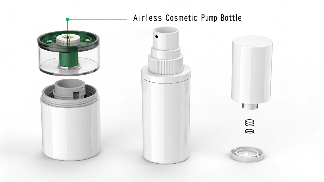 an exploded view showing the parts of a refillable airless pump bottle