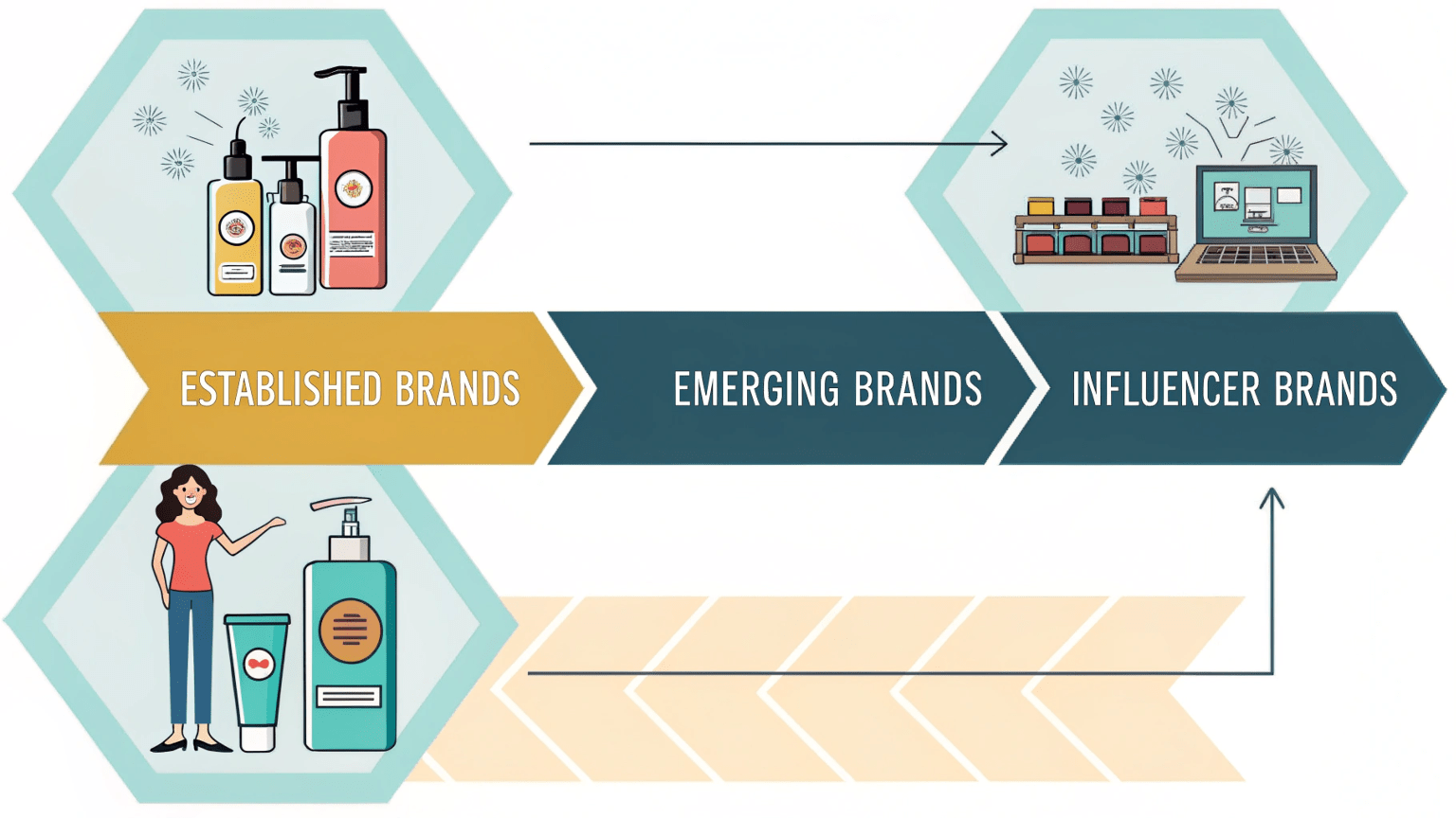 flowchart showing established, emerging, and influencer brands driving global demand