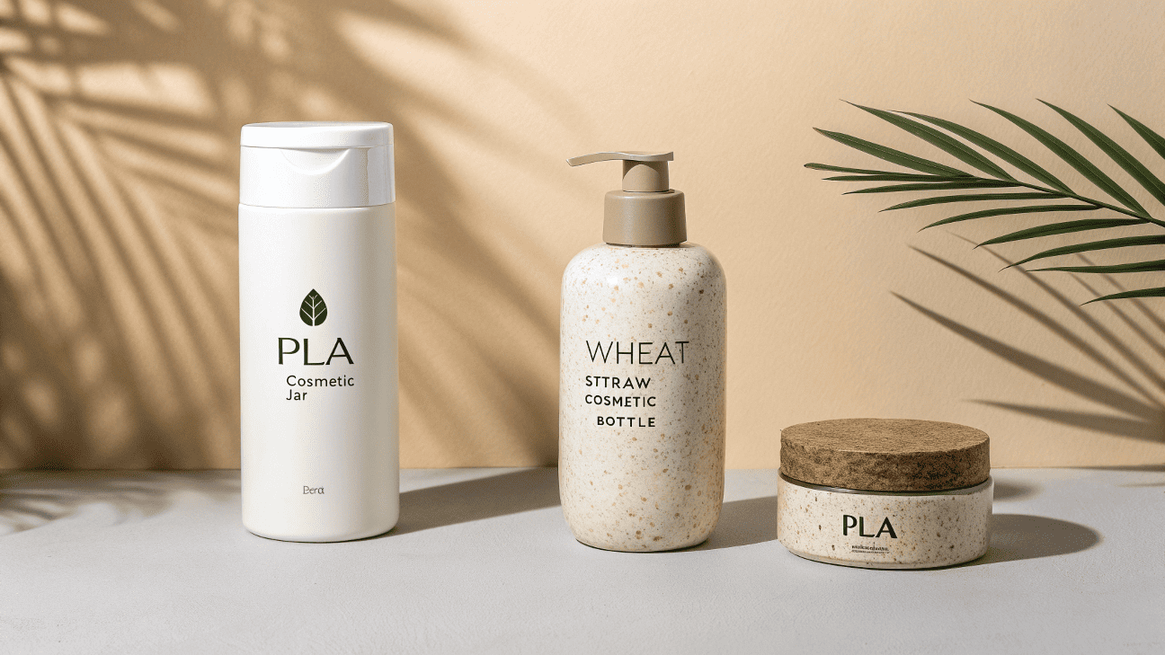 Modern sustainable beauty packaging with green leaf eco symbol
