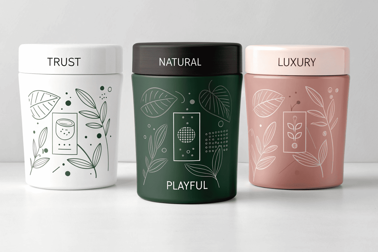Cosmetic bottles in green, blue, black, and white
