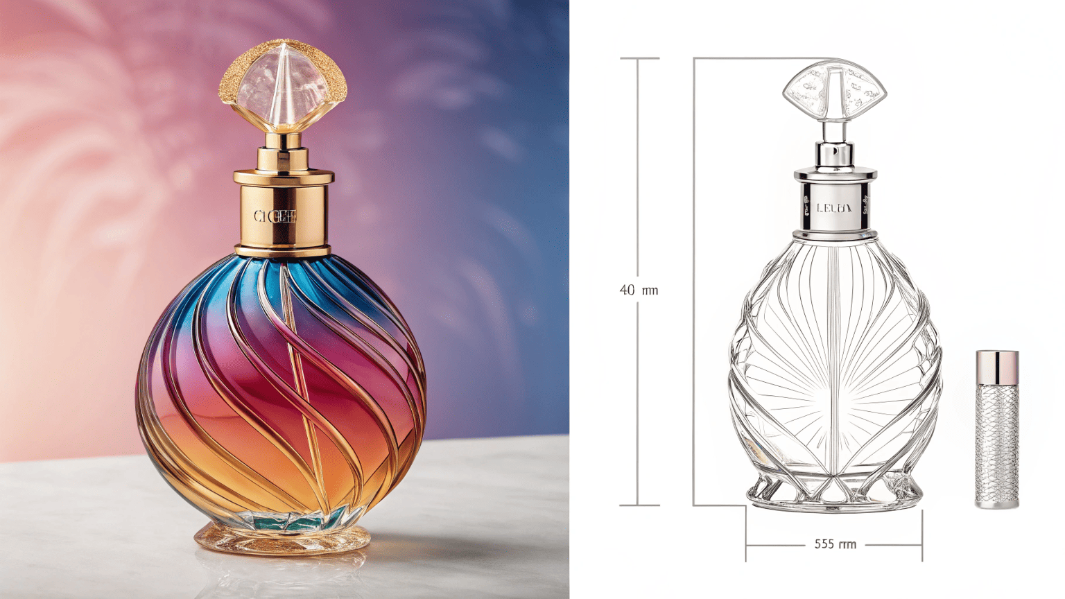 a split-view image: one side shows an artistic, sculptural perfume bottle (Aesthetics), the other shows a diagram of an airless pump mechanism (Functionality)