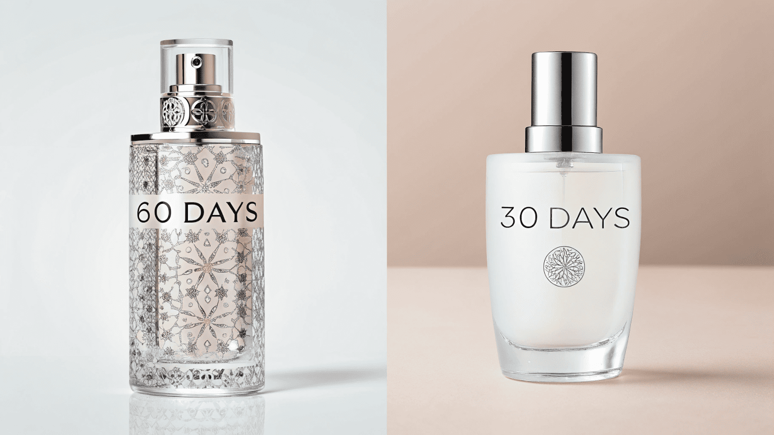 Side by side image comparing a complex custom cosmetic bottle taking 60 days with a standard stock bottle taking 30 days
