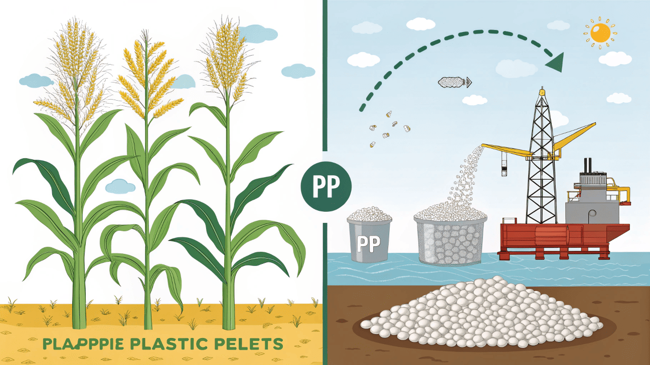 a split image showing corn stalks on one side leading to a PLA pellet, and an oil rig on the other side leading to a PP pellet