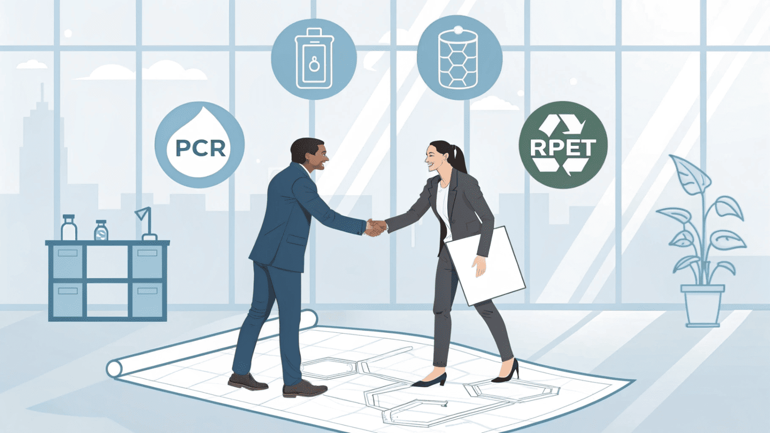 handshake over cosmetic packaging blueprint with recycling symbol in background
