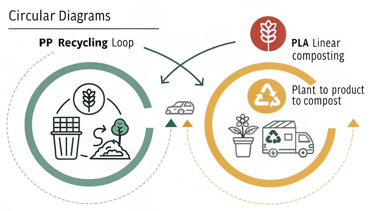 a circular economy diagram for PP recycling, next to a linear diagram showing PLA going from plant to product to compost