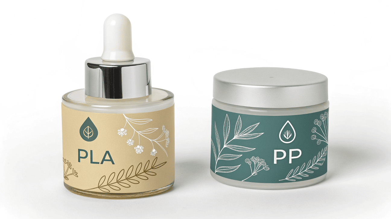 image showing a PLA bottle next to a PP bottle, with plant icons near PLA and oil drop icons near PP