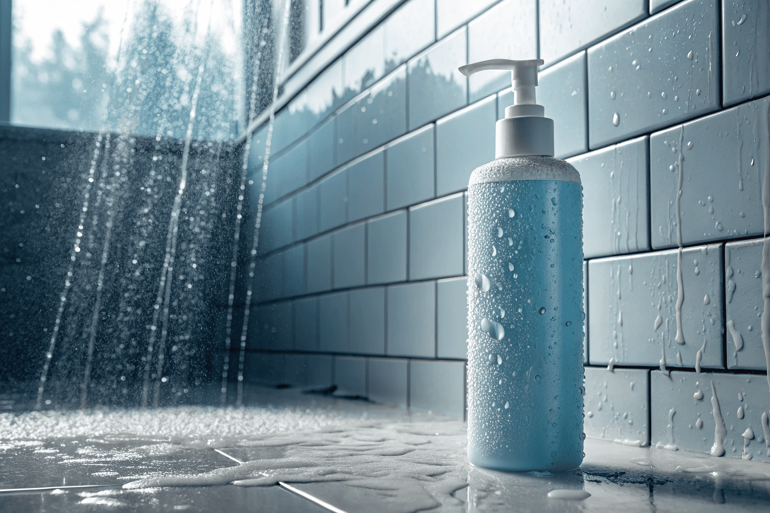 plastic cleanser bottle in a shower