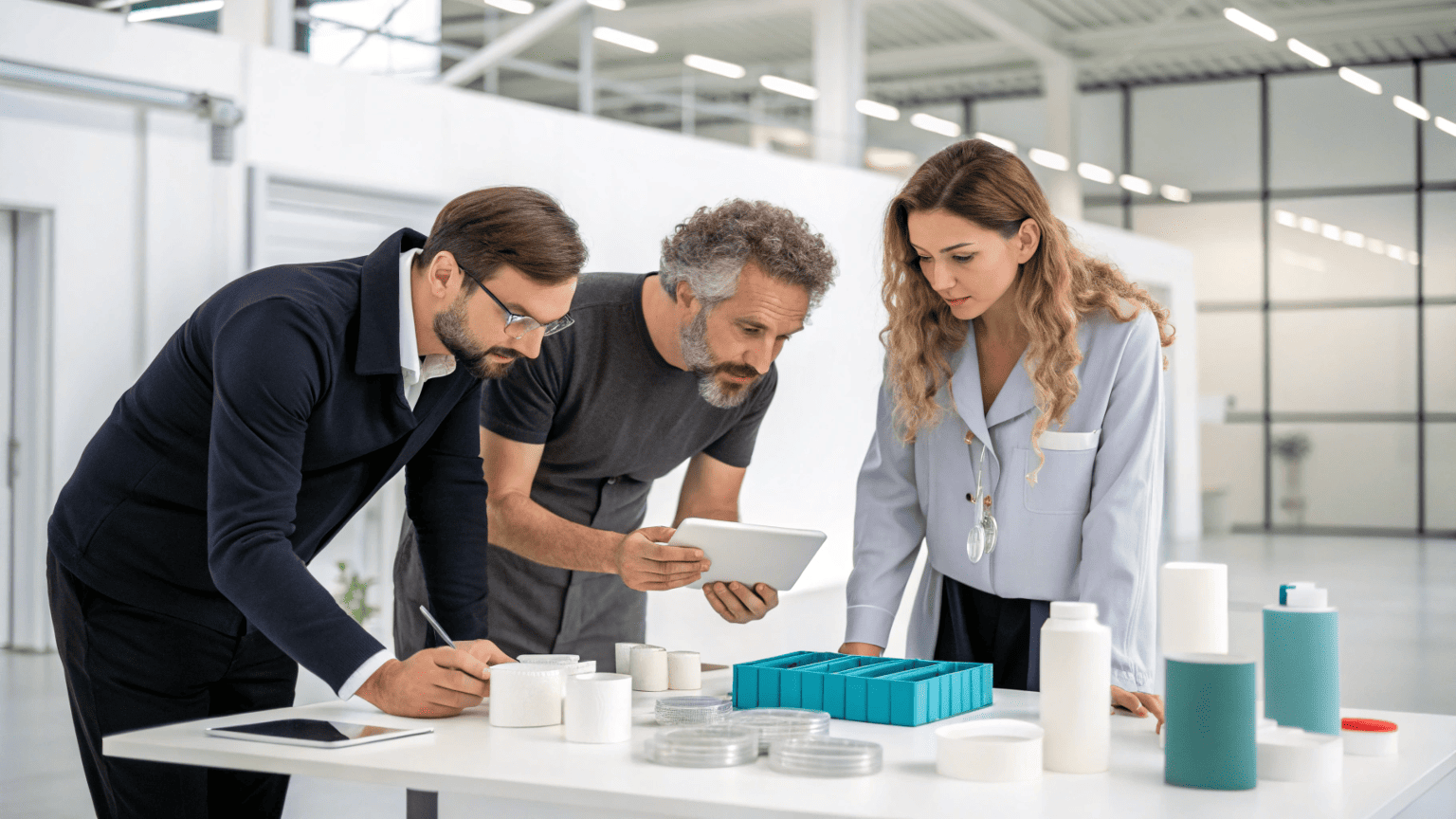 an image showing a designer, a brand manager, and a factory engineer collaborating over 3D-printed prototypes and material samples