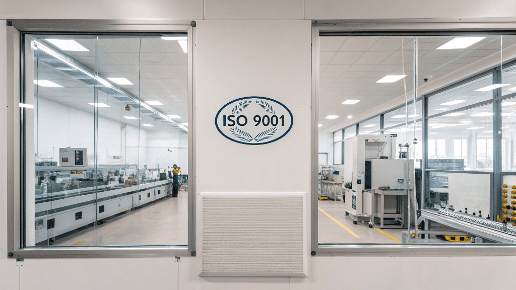 A clean office showing an ISO 9001 certificate with a view of an organized cosmetic packaging production line through a window