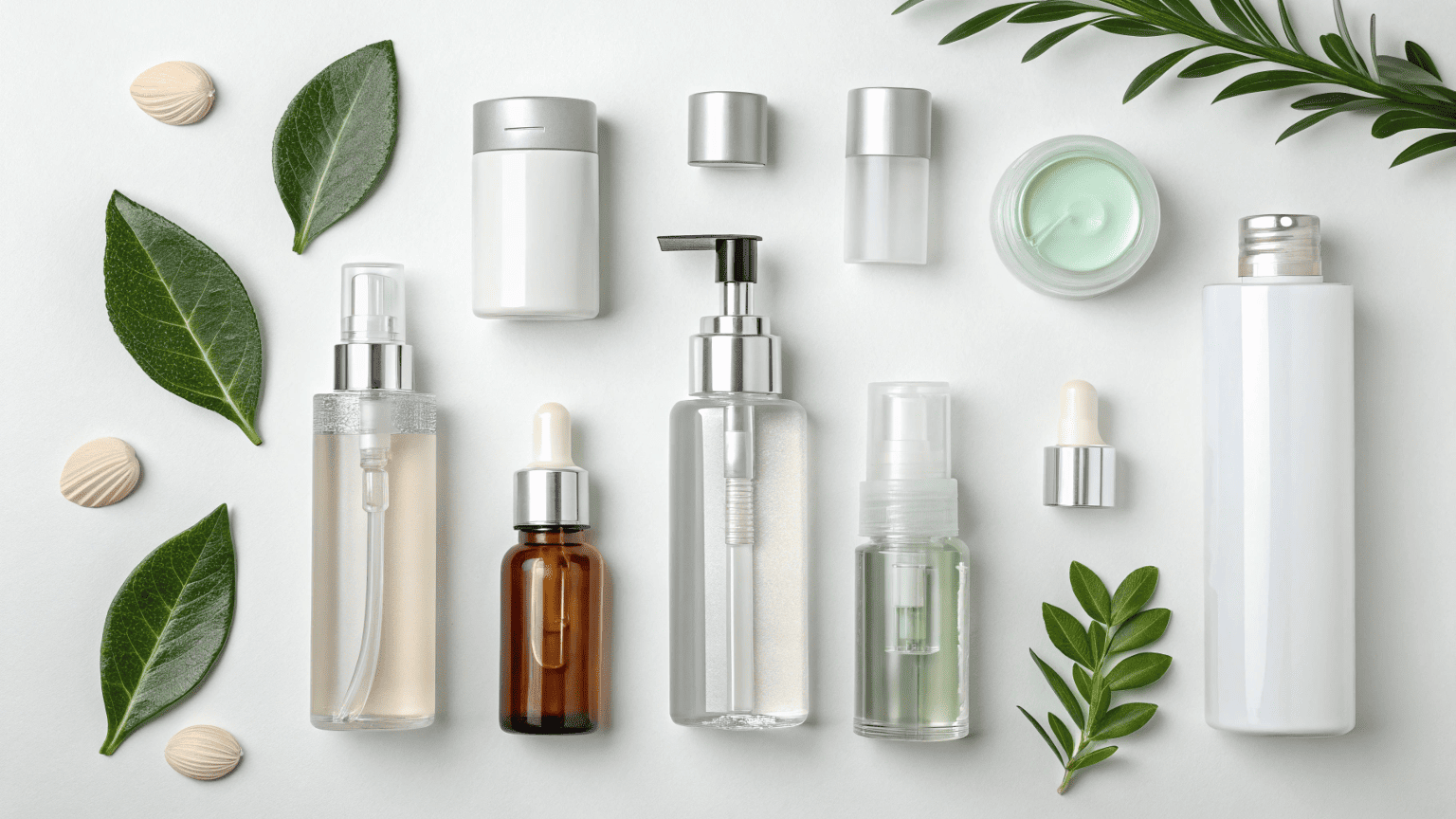 cosmetic-closures-collection.jpg | A neatly arranged set of various cosmetic closures including pumps, droppers, and caps on a minimalist background