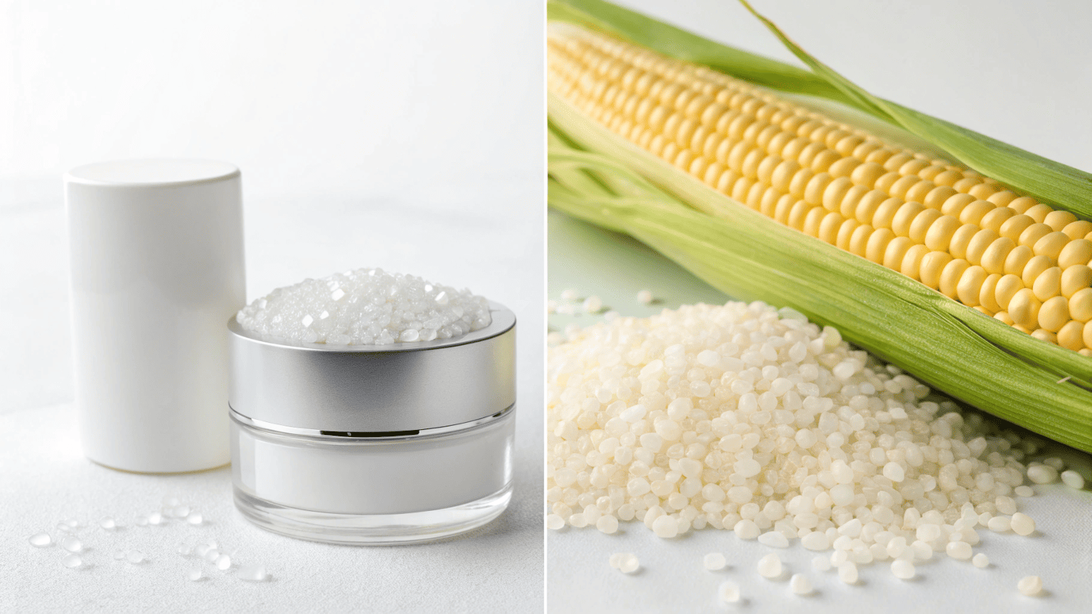 Translucent PLA plastic pellets beside a stalk of corn and a sleek cosmetic jar made from bioplastic